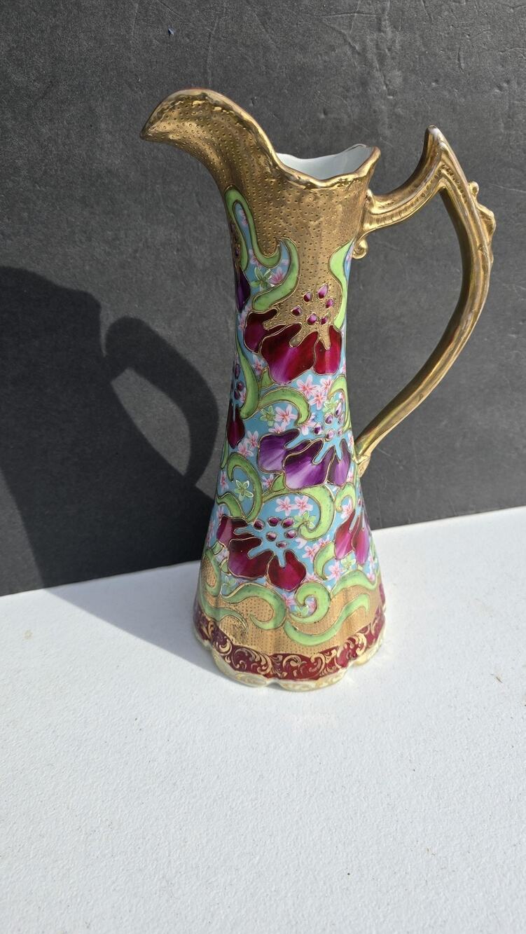 Antique Kinran Moriage Porcelain Ewer Pitcher Raised Enamel Gold Gilt Floral